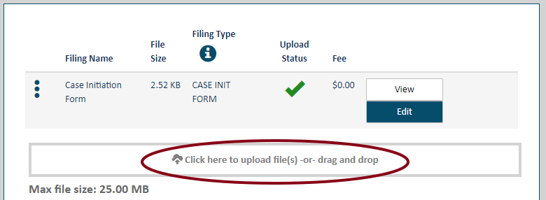 A screenshot showing the MiFILE upload screen. There is already a Cas Initiation Form shown as being uploaded with a green checkmark in an "Upload Status" column. There are buttons to view or edit this form. Below, there is a box that says "Click here to upload file(s) -or- drag and drop." This upload box is circled in red.