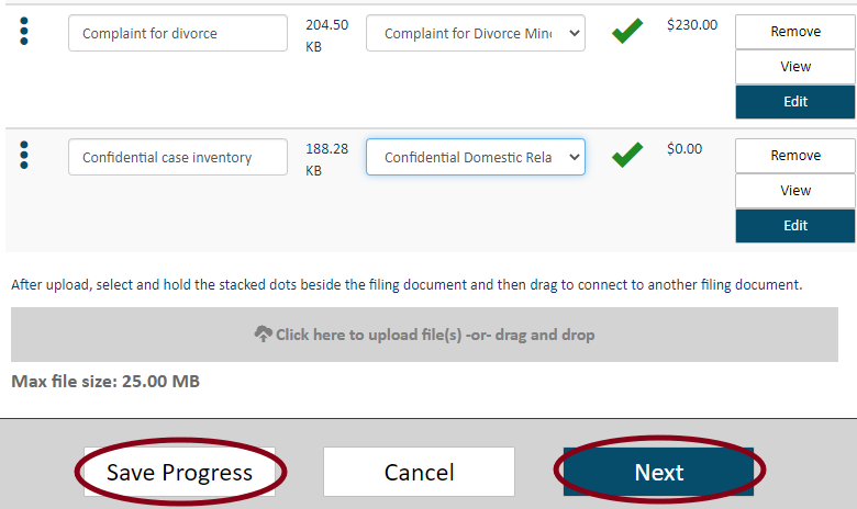 A screenshot from MiFILE that shows the file upload area and below the file upload area are three options: Save Progress, Cancel, and Next. "Save Progress" and "Next" are both circled in red.
