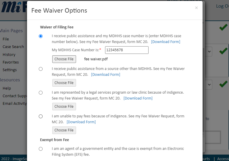 A screenshot from MiFILE showing a screen that comes up if you choose the fee waiver option from the payment screen. There are radio buttons allowing a filer to choose the reason for the fee waiver. The one selected here says that the filer gets public assistance. Under the selection a button labeled "Choose File" allows you to upload a fee waiver form.