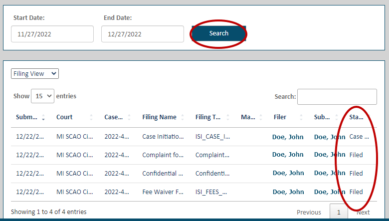 A screenshot showing of the MiFILE History page. At the stop there are fields for start date and end date next to a blue "Search" button. Below this, there is a listing of court documents that have been filed. Each one is listed by name along with other details, such as the date submitted. On the far right side there is a "status" column circled in read. Each document in this example has the status "Filed" except for the case initiation document which has the status, "Case initiated."