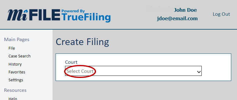 A screenshot showing what MiFILE looks like after someone clicks "File." On the right side of the screen there is a "Create Filing" heading. Below this heading there is a drop-down menu that says "Select Court." This menu is circled in red.