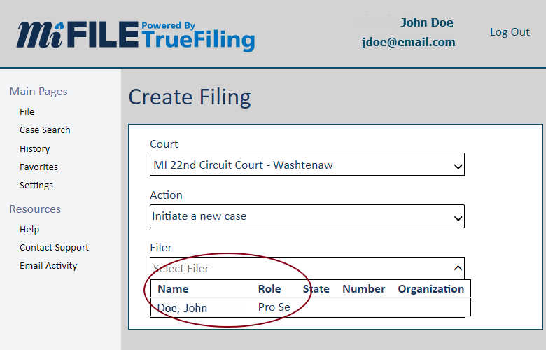 A screenshot showing what MiFILE looks like after someone selects their court and selects "Initiate a new case" as the action. A drop-down menu appears titled "Filer." The drop-down shows the name of the filer, in this example it is John Doe. The filer name is circled in red.