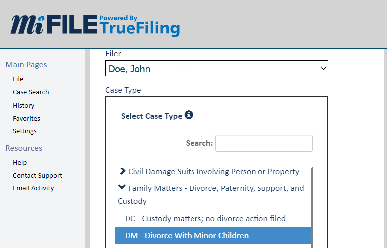 A screenshot showing what MiFILE looks like after someone selects their court, chooses to initiate a new case, and selects a filer. A "Case Type" heading appears.  Below this is an instruction: "Select Case Type." There is a search bar. Below this are headings with drop-down options. "Family Matters" is selected and below this a few options appear. "DM-Divorce With Minor Children" is highlighted.