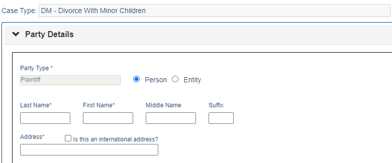 A screenshow showing the MiFILE Party Details screen. At the top of this example it says "Case Type: DM-Divorce with Minor Children." Below this there is a heading that says "Party Details." The field "Party Type" is already filled and says "Plaintiff." A radio button allows the visitor to select whether the party is a person or an entity. Person is selected in this example. Below this are fillable fields for first and last name, middle name, suffix, and address.
