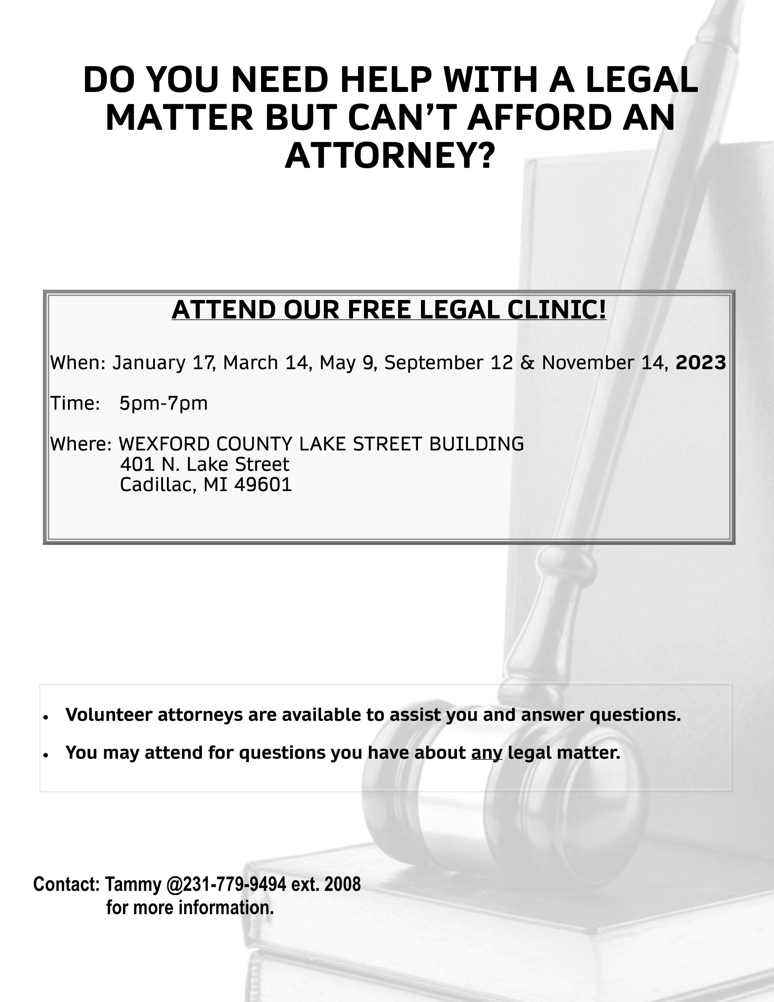Free Legal Clinic - Wexford County Lake Street Building