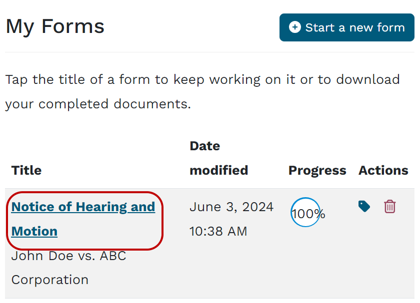 A screenshot showing a page from MLH-Forms. It has the heading "In progress forms" and contains a hyperlink to a completed form. The hyperlink is circled in red.