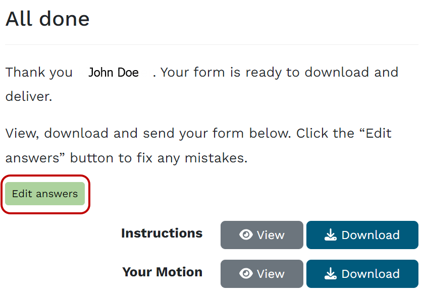 A screenshot showing an MLH-Forms page from a finished interview. There is a green "Edit answers" button n the middle of the page circled in red.