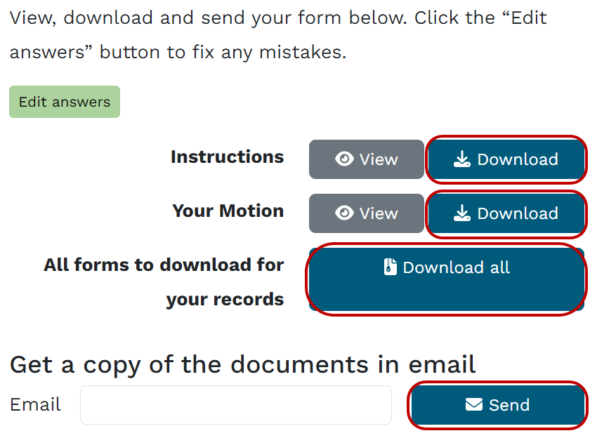A screenshot of an MLH-Forms page with red circles highlighting the buttons to download and email forms. 