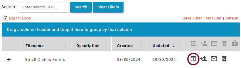 A screenshot showing a page from LawHelp Interactive. There is a file named Small Claims Forms and a row of icons. One icon, a square with an arrow inside, is circled in red.