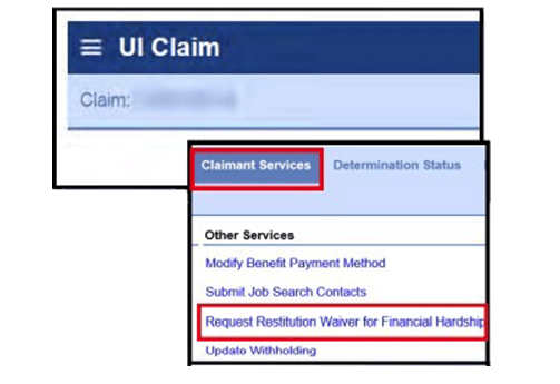 MiWAM account showing location of the Request Restitution Waiver for Financial Hardship