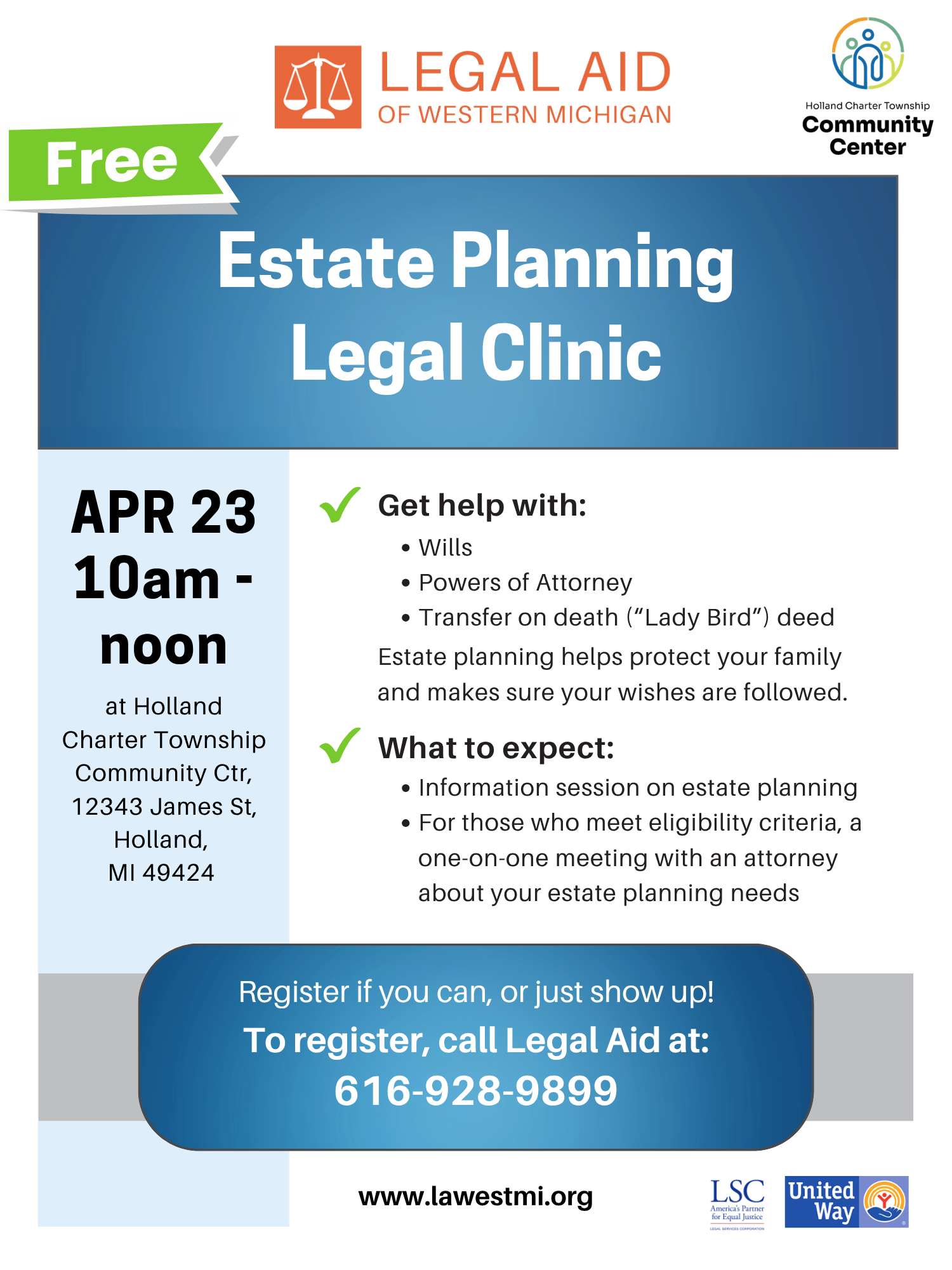 Flyer advertising April 23 legal clinic in Holland