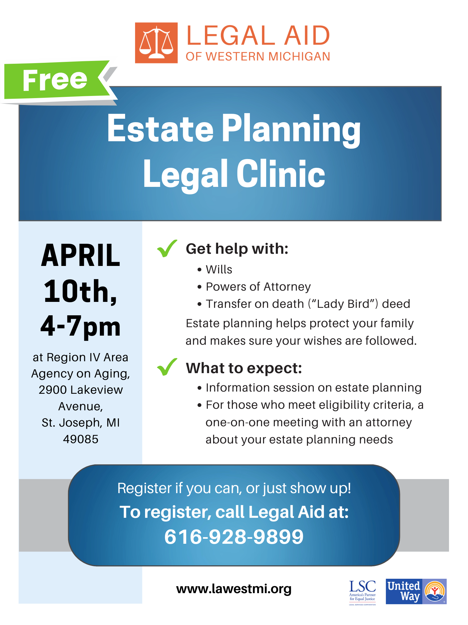 Flyer advertising Legal Aid of Western Michigan's April 10 estate planning legal clinic in St Joseph, MI.
