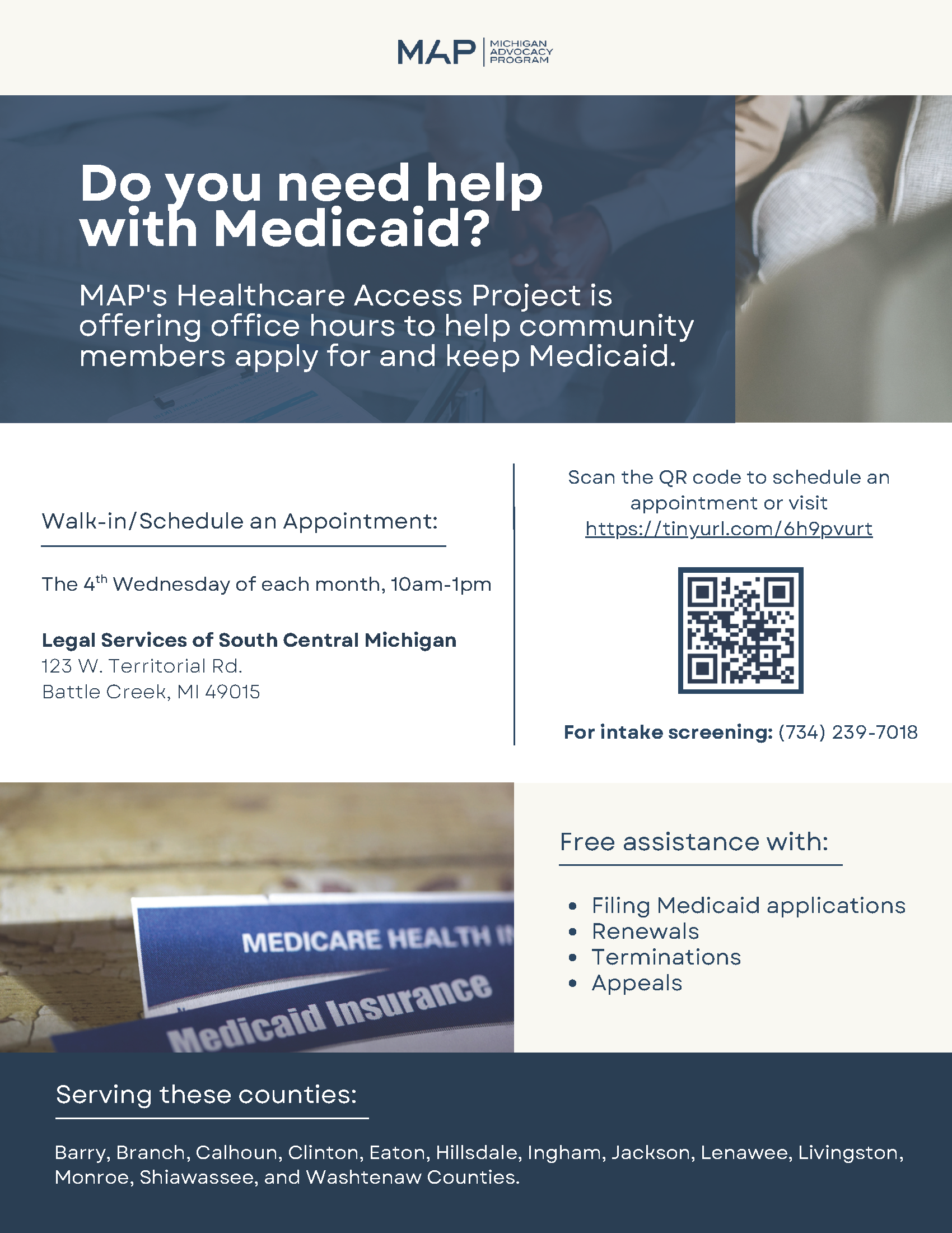 Healthcare Access Project Office Hours flyer for the fourth Wednesday of each from, from 10:00 a.m. to 1 p.m., with information about Medicaid application and coverage assistance.
