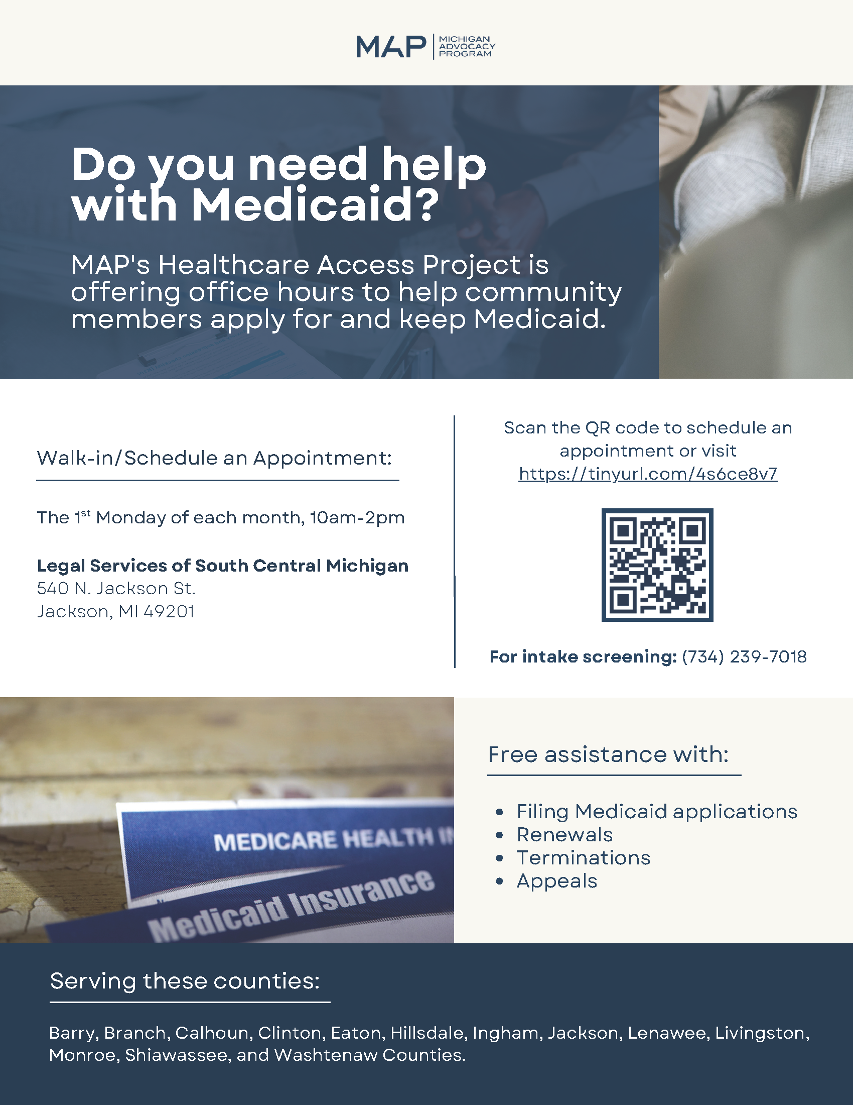 Healthcare Access Project Office Hours flyer for the First Monday of each month, from 10:00 a.m. to 2:00 p.m., with information about Medicaid application and coverage assistance.