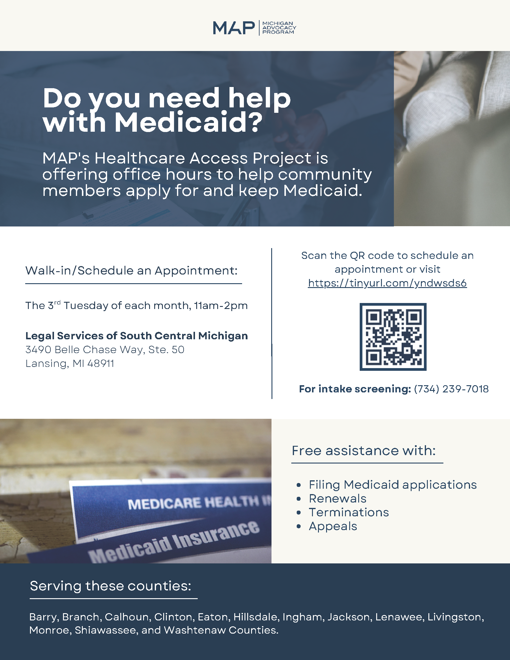 Healthcare Access Project Office Hours flyer for the third Tuesday of each month, from 11:00 a.m. to 2:00 p.m., with information about Medicaid application and coverage assistance.