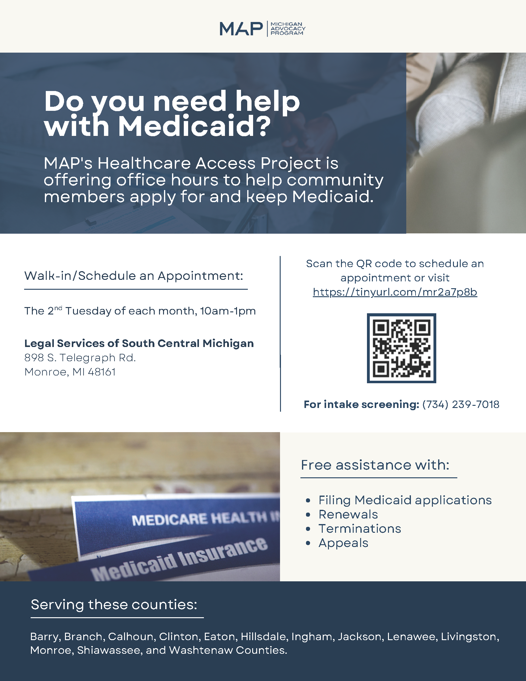 Healthcare Access Project Office Hours flyer for the second Tuesday of each month, from 10:00 a.m. to 1:00 p.m., with information about Medicaid application and coverage assistance.