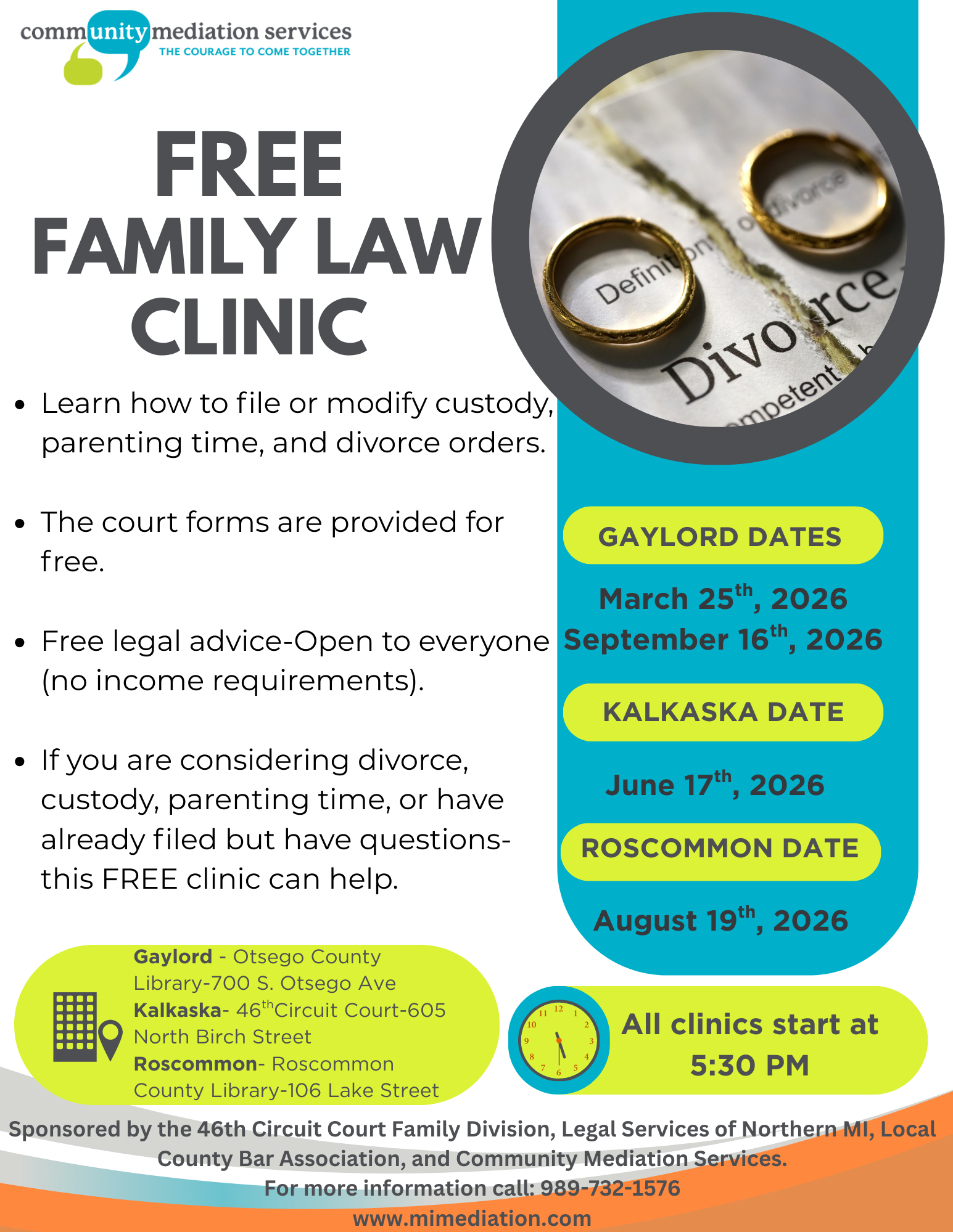 Family Law Clinic Flyer for Gayloard, Kalkasta and Roscommon