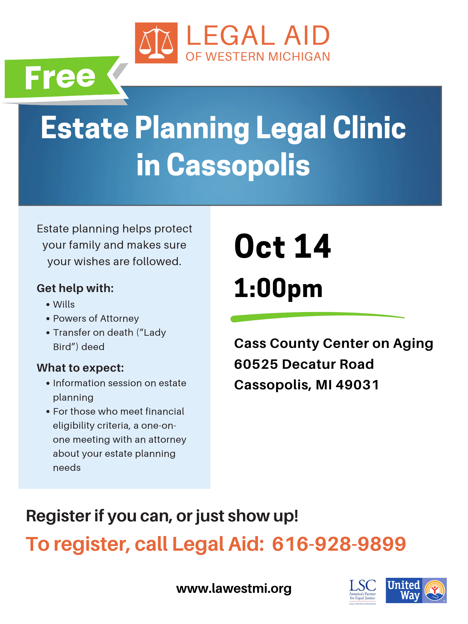 Flyer advertising a free estate planning clinic in Cassopolis on Oct 14, 2026