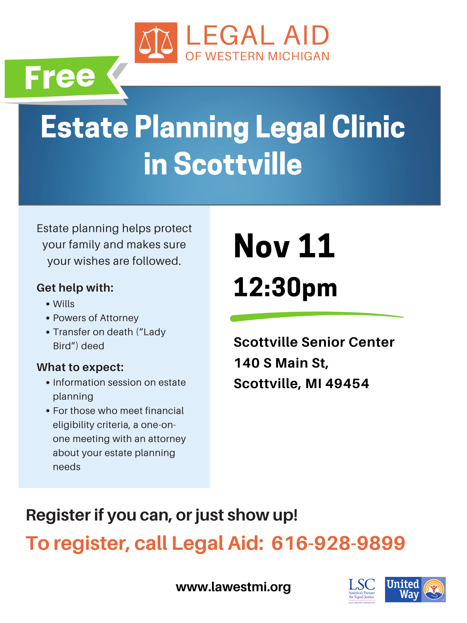 Flyer advertising a free estate planning legal clinic in Scottville, MI on Nov 11, 2026.
