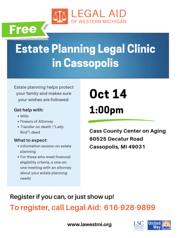 Flyer advertising a free estate planning clinic in Cassopolis on Oct 14, 2026